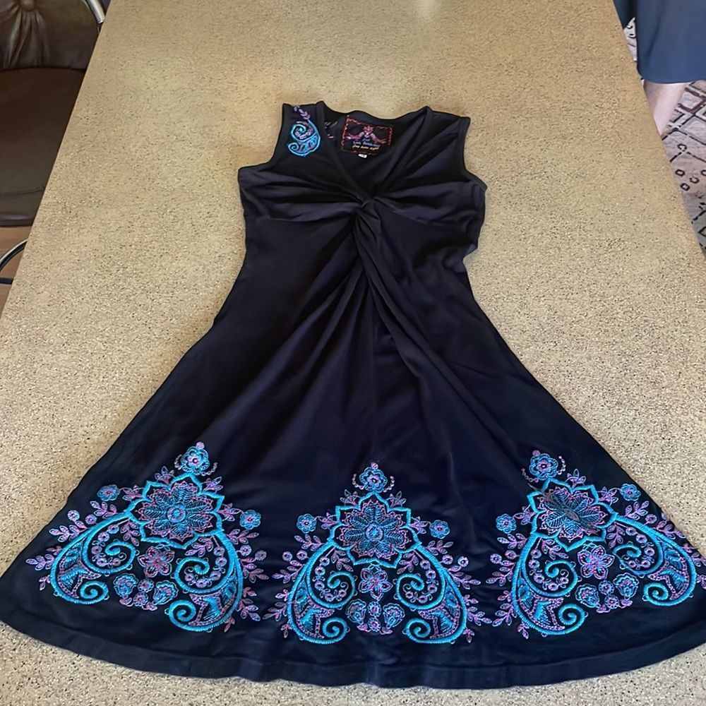 Johnny Was black cotton dress with turquoise, purple embroidered accents